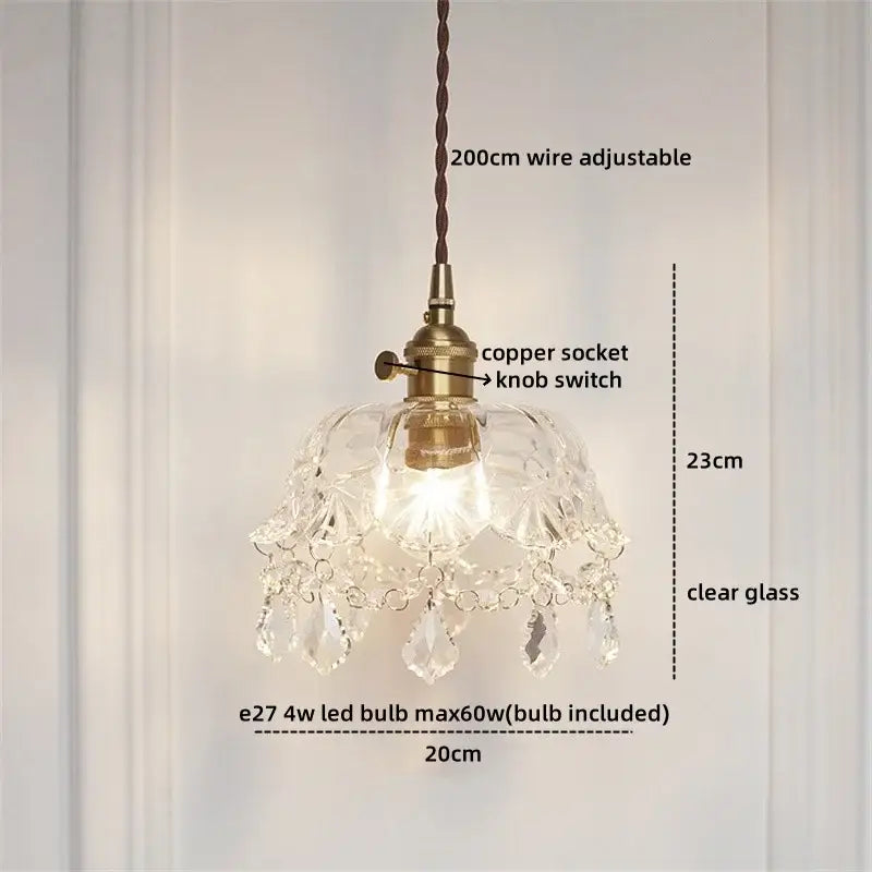 Modern crystal glass led pendant lamp with clear glass chandelier, brass copper socket, and crystal glass led fringe decorbites design