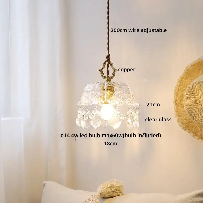 Modern crystal glass led pendant lamp with clear glass, copper accents, and dangling crystal droplets for dining room decorbites crystal glass