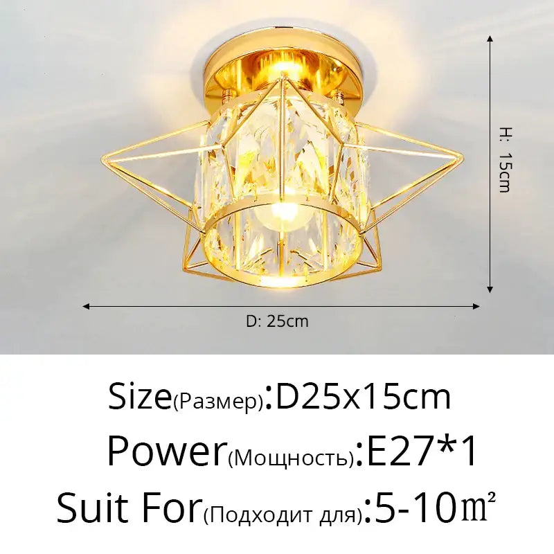 Gold-toned geometric ceiling light with faceted crystal glass shade and metal frame for modern nordic decorbites crystal glass