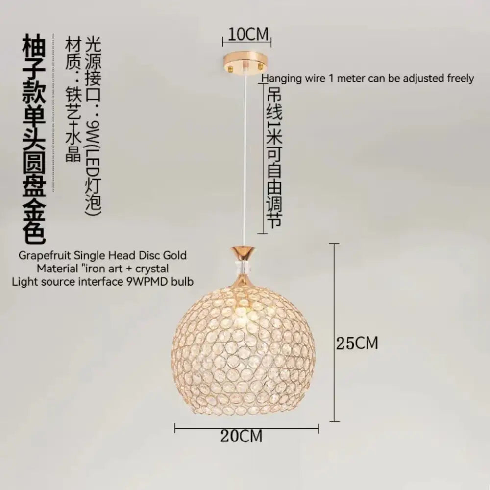 Modern crystal gold ceiling pendant light with gold-colored grapefruit shape iron art frame and spherical crystal mesh design