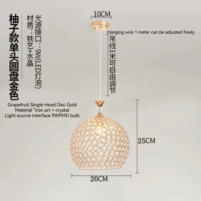Modern crystal gold ceiling pendant light with gold-colored grapefruit shape iron art frame and spherical crystal mesh design