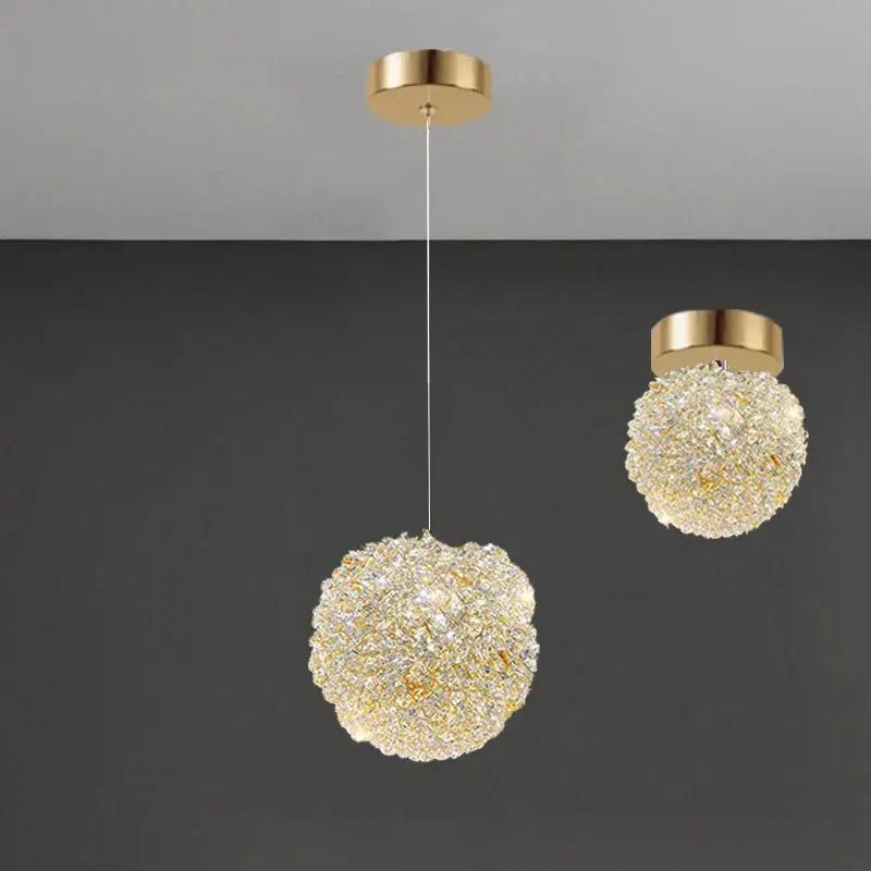 Modern crystal gold ceiling light 2 pack featuring gold-toned spherical pendant lights with clear and gold crystal fragments