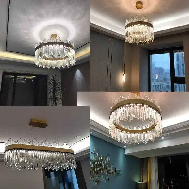Modern crystal gold ceiling pendant light with gold-toned metal frame and cascading clear glass prisms decorbites crystal gold