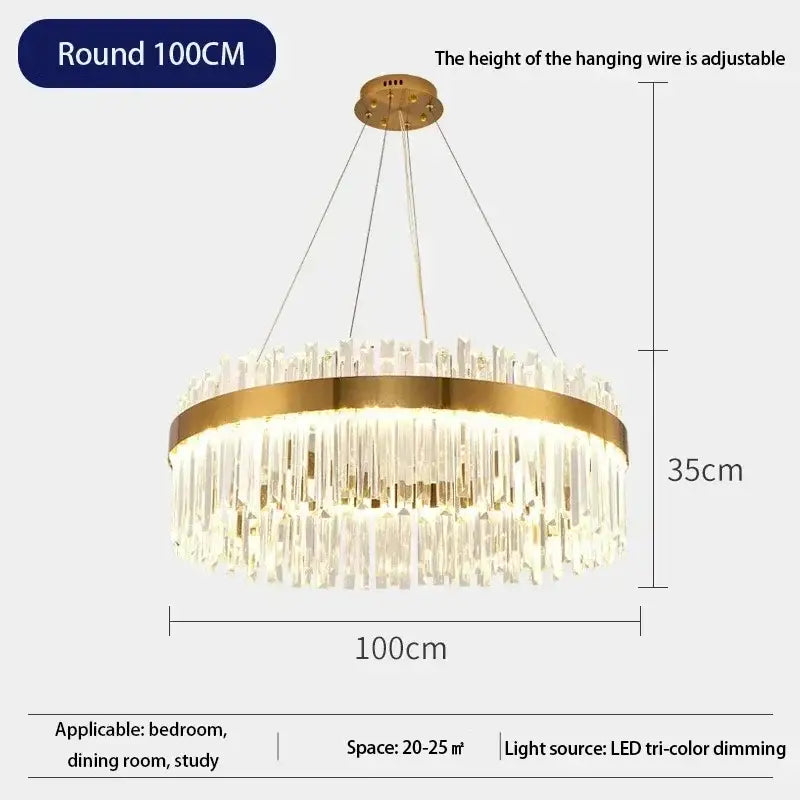 Modern pendant light with gold-toned metal frame and cascading crystal prisms, decorbites crystal gold ceiling fixture