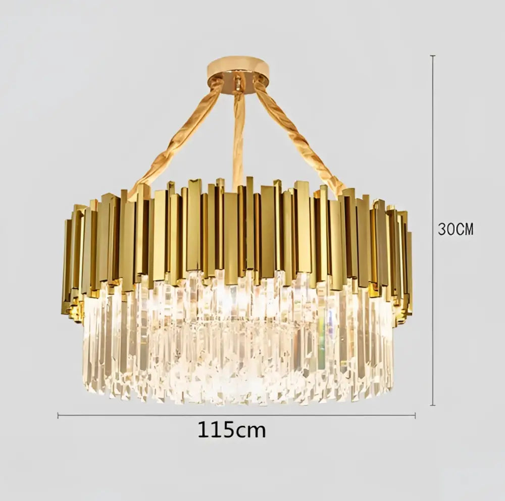 Modern crystal gold metal led pendant lights featuring a gold-toned chandelier with brass bars and cascading crystal prisms