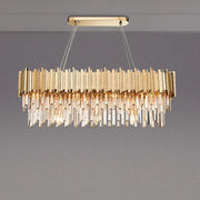Gold-toned rectangular decorbites gold metal led pendant lights with cascading crystal prisms for dining room decor