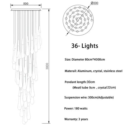 Modern crystal gold pendant lights featuring 36-light cascade of teardrop crystal gold pendant on aluminum frame