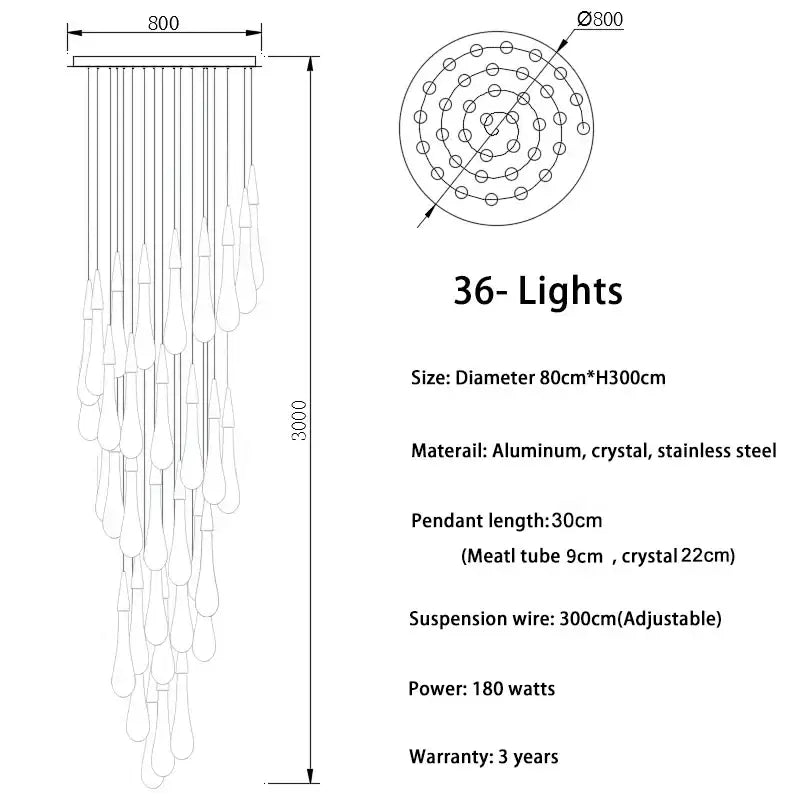 Modern crystal gold pendant lights featuring 36-light cascade of teardrop crystal gold pendant on aluminum frame