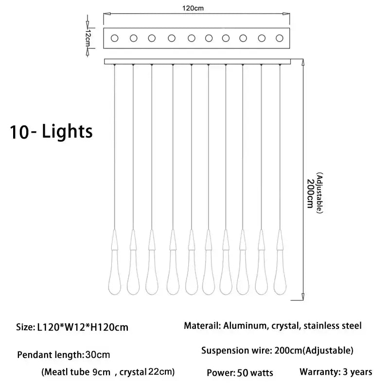 Modern crystal gold pendant lights with ten teardrop crystal gold pendant fixtures on aluminum stainless steel bar