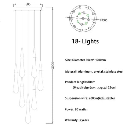 Modern crystal gold pendant lights featuring 18 teardrop-shaped crystals with aluminum frame and stainless steel accents