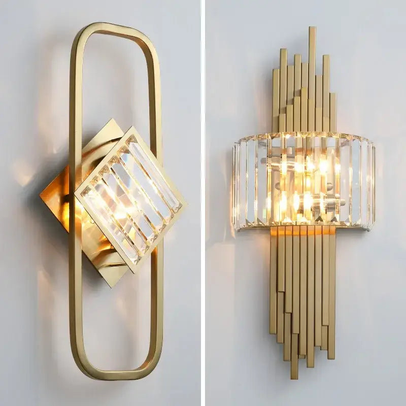 Modern crystal gold wall lamp with gold finish geometric crystal accents and glass shade for bedroom decorbites crystal gold