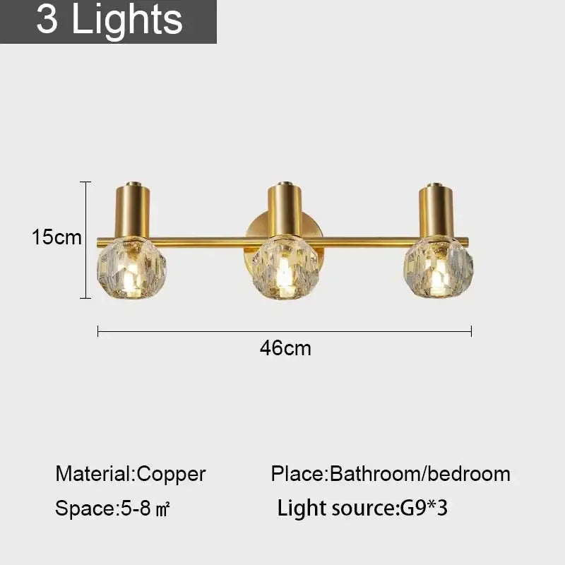 Modern crystal gold wall lamp with gold-toned copper body and three faceted crystal globe shades for bedroom decorbites crystal gold