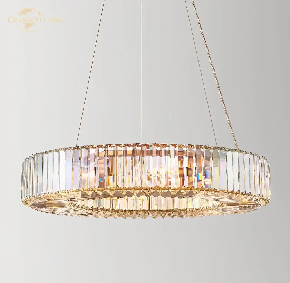 A modern crystal halo pendant light with faceted crystal rods in concentric rings for dining room decorbites pendant light