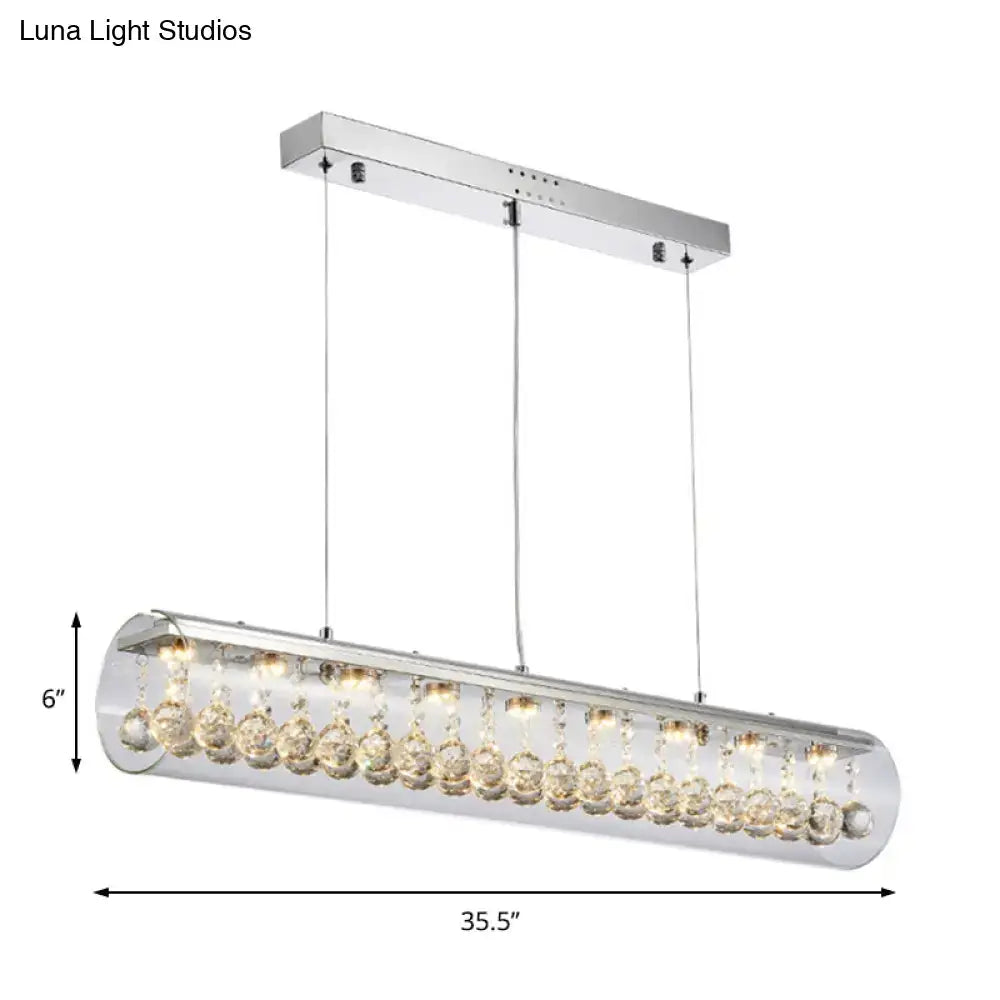 DecorBites™ contemporary silver glass island pendant light with five horizontal cylinder lights and crystal ball accents