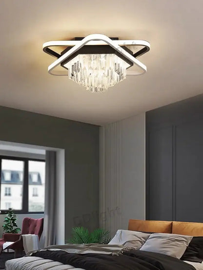 Modern crystal industrial pendant lamp featuring a sleek black and white frame with a crystal chandelier centerpiece