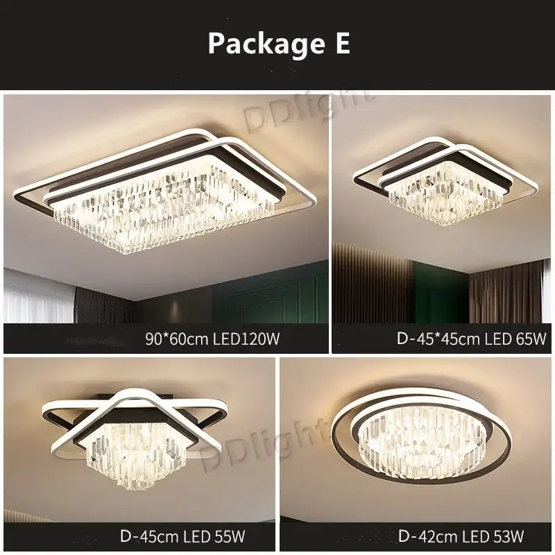 Modern crystal industrial pendant lamps featuring rectangular and circular led lights with white metal frames and black accents
