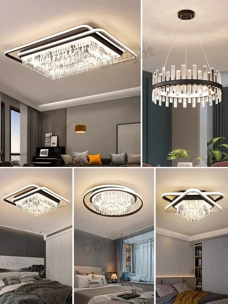 Modern crystal industrial pendant lamp with sleek black metal frame and illuminated led lighting for living room decorbites pendant lamps