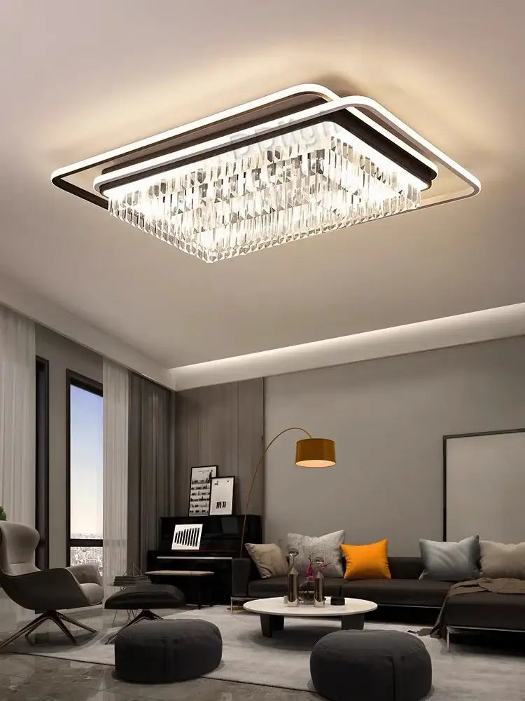 Modern crystal industrial pendant lamp with sleek black frame clear crystal droplets and integrated led lighting strip for living room