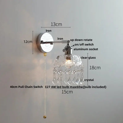 Modern crystal iron led wall light with polished iron arm clear glass shade and faceted crystal droplets decorbites crystal iron