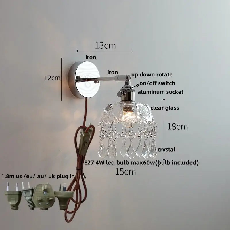 Modern crystal iron led wall light bedroom sconce with polished iron arm and clear glass shade with crystal teardrops