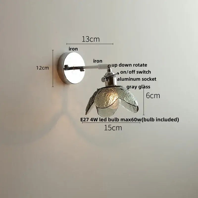 Modern crystal iron led wall light with adjustable polished iron base and gray textured glass flower shade for bedroom decorbites