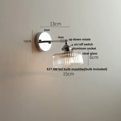 A sleek chrome modern crystal iron led wall light with clear glass chandelier shade for bedroom decorbites crystal iron