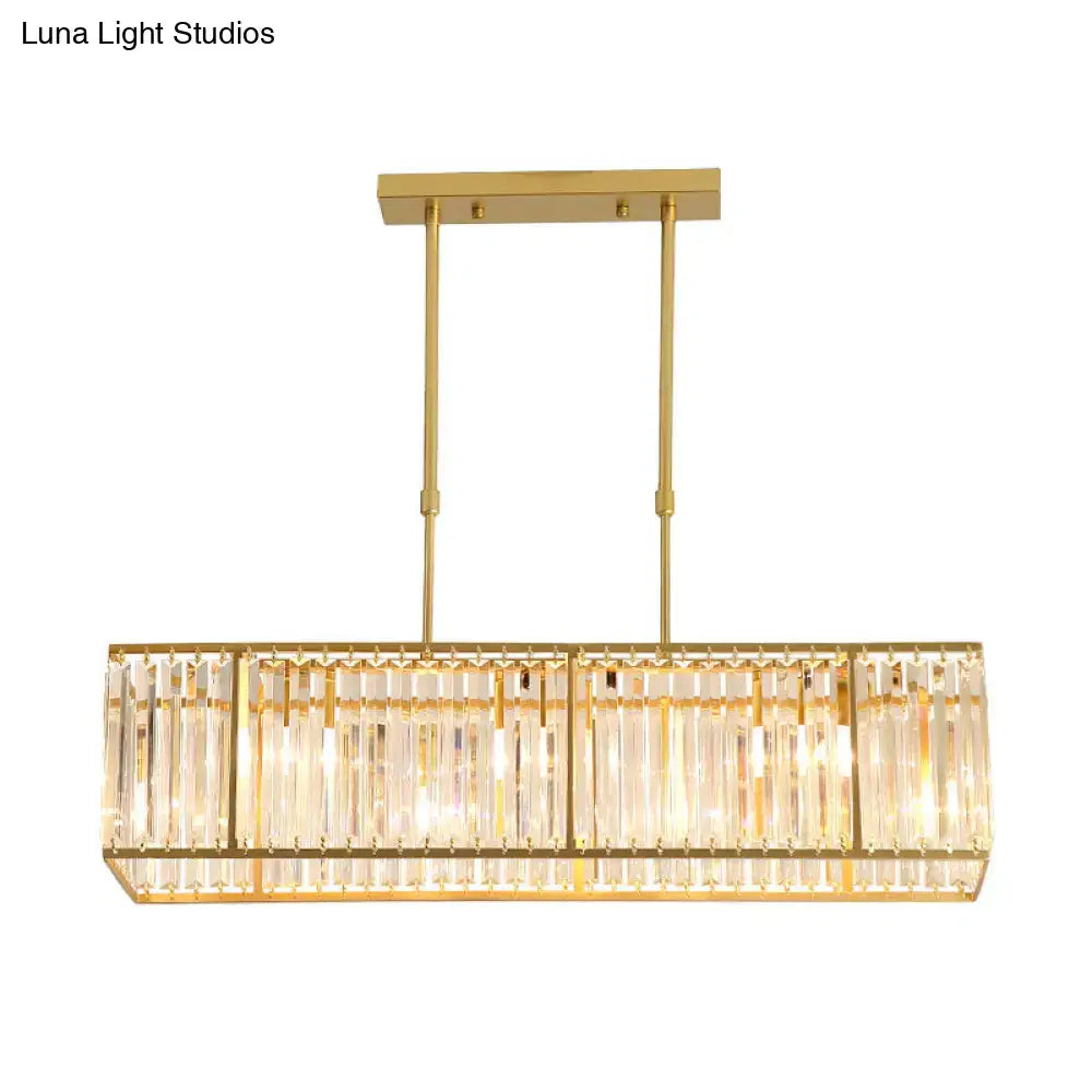 Gold-finished decorbites modern island light with vertical crystal rods and rectangle shade for restaurant use