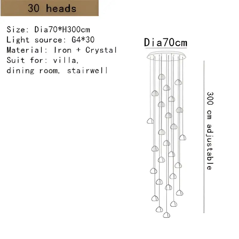 Modern crystal led ceiling chandelier with 30 crystal encrusted iron heads and adjustable height for living room decorbites crystal led
