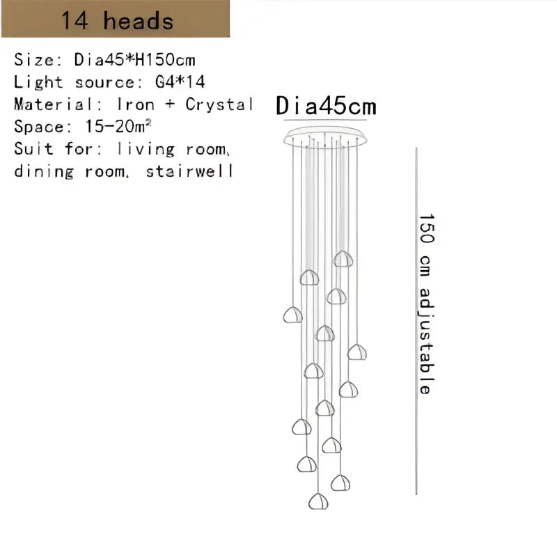 Modern 14-head decorbites crystal led pendant chandelier with iron frame and crystal droplets for elegant living spaces