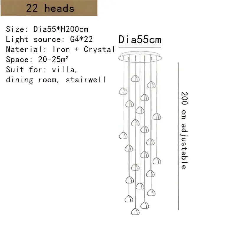 A modern decorbites crystal led ceiling chandelier with 22 glass globe pendants on an iron frame for villa decor