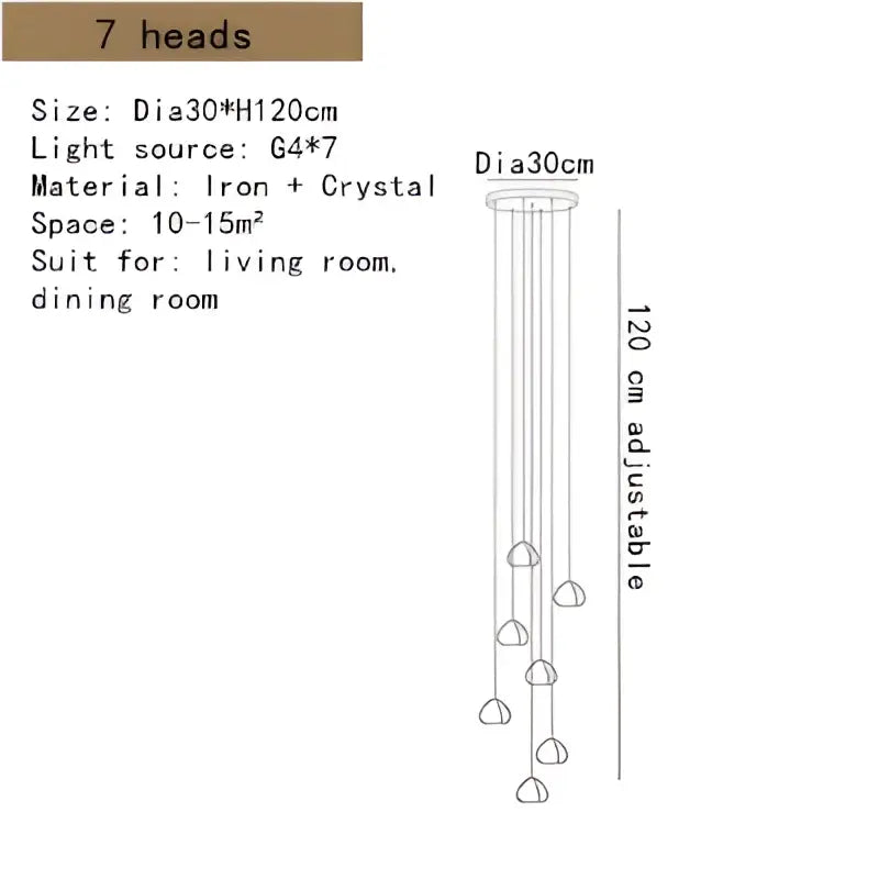 Modern crystal led ceiling chandelier with adjustable 7-head iron frame and dangling crystal accents for living room decorbites crystal led