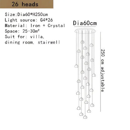 Modern crystal led ceiling chandelier with 26 crystal-encrusted iron heads, ideal for villa stairwell decorbites crystal led