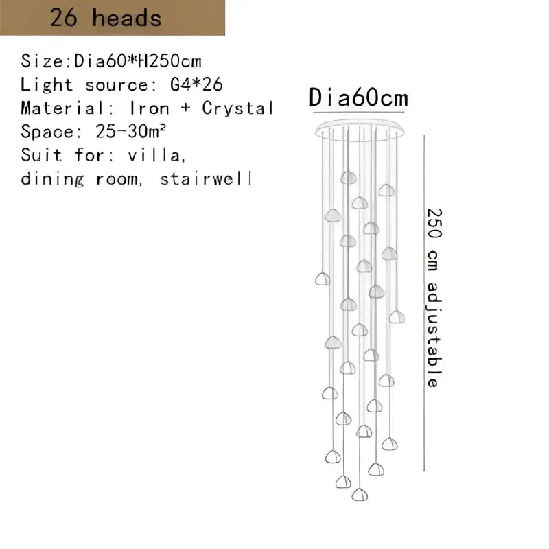 Modern crystal led ceiling chandelier with 26 crystal-encrusted iron heads, ideal for villa stairwell decorbites crystal led
