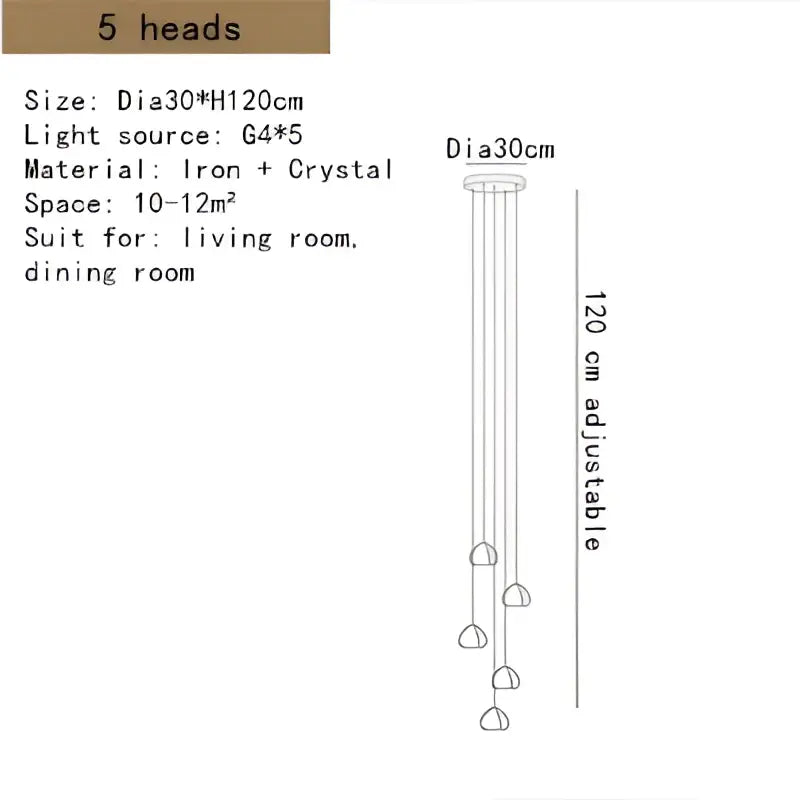 Five-head modern decorbites crystal led pendant with iron frame and glass globes, adjustable for living room decor