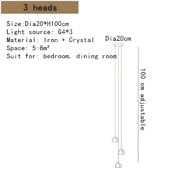 Adjustable 3-head pendant light with iron and crystal components for modern crystal led ceiling decorbites crystal led style