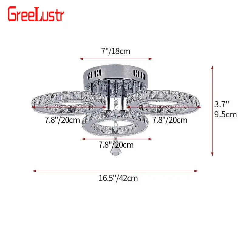 Chrome finished modern crystal led ceiling light with three circular crystal rings and central hanging droplet chandelier