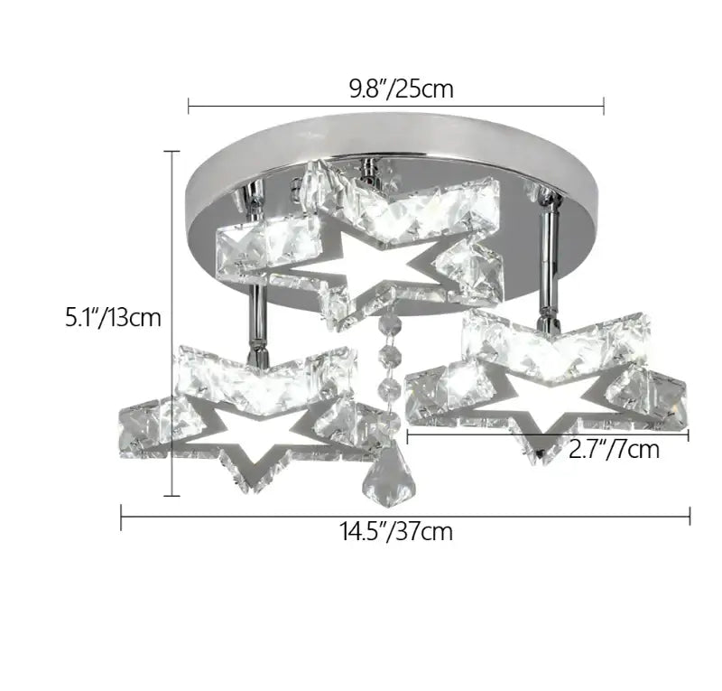 Modern crystal led ceiling light with chrome finish and three star-shaped crystal pendants for living room lighting