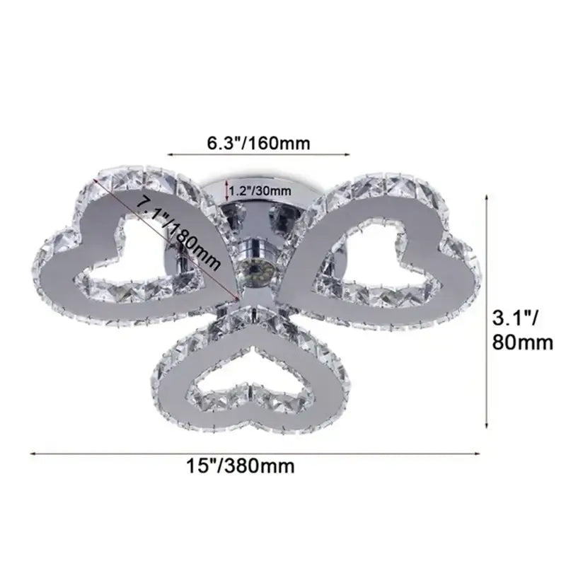 Modern crystal led ceiling light with chrome finish and three heart-shaped crystal-encrusted arms for living room use