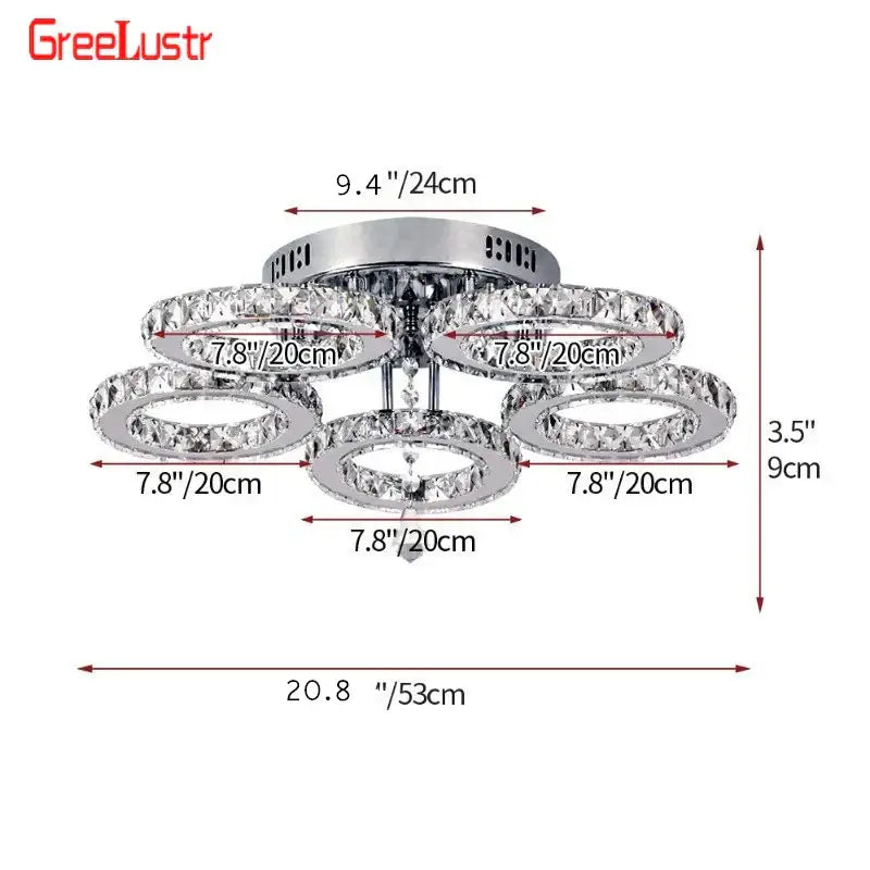 Chrome finished modern crystal led ceiling light with five circular rings and clear crystals by greelustr for living room