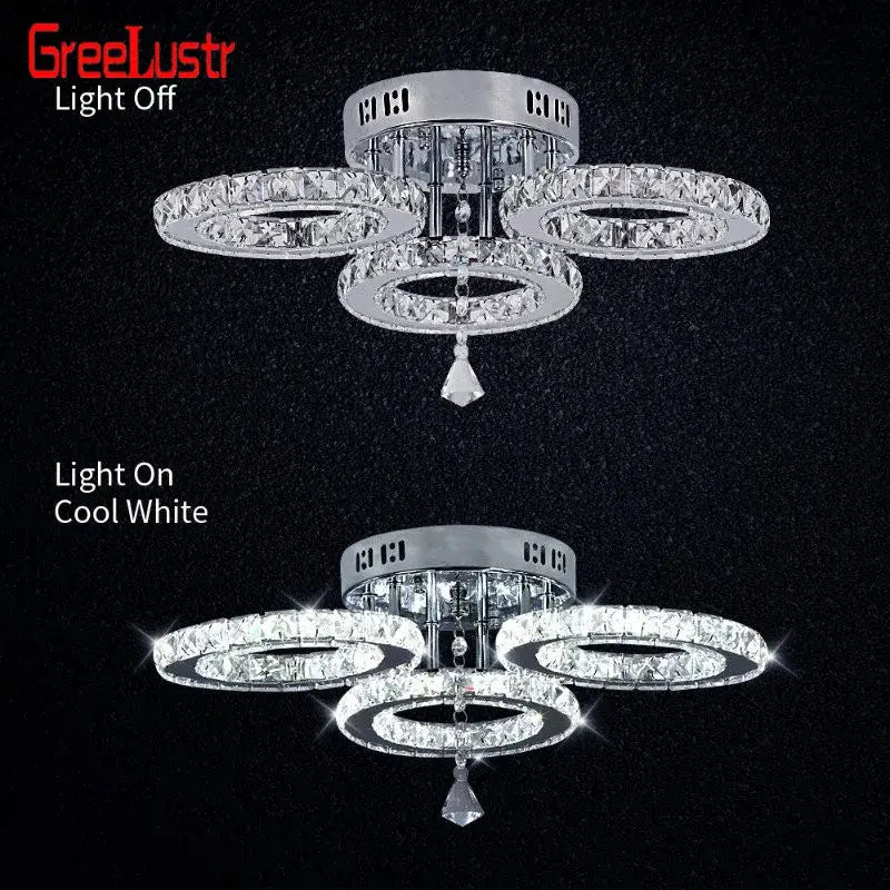 Modern crystal led ceiling light by greelustr with chrome-finished crystal rings and teardrop pendant for living room