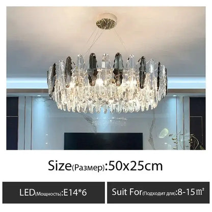 A modern crystal led chandelier with clear and dark glass prisms and six led bulbs for dining room decor by Decorbites