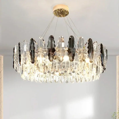 Elegant black and clear crystal led chandelier with gold-toned ceiling mount for dining room decorbites crystal led