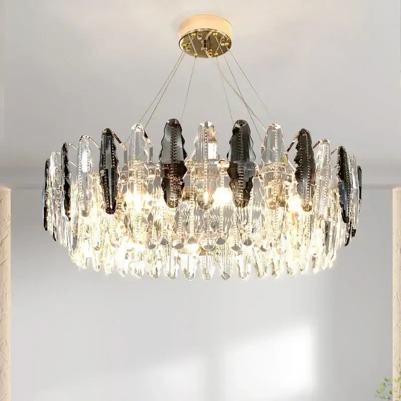 Elegant black and clear crystal led chandelier with gold-toned ceiling mount for dining room decorbites crystal led