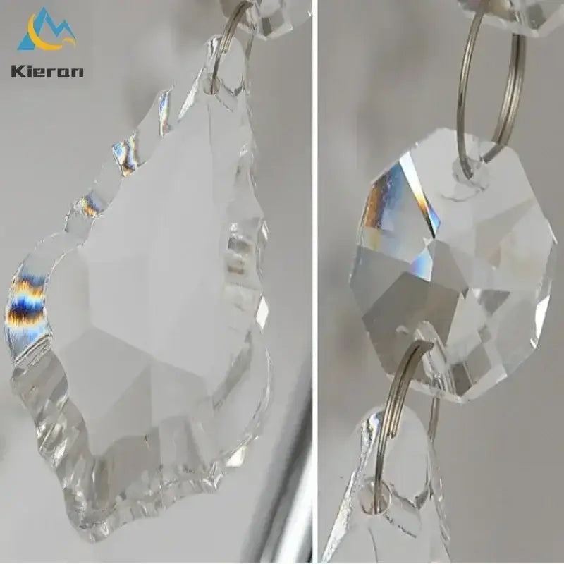 Clear crystal chandelier beads with faceted cuts and metal rings on a decorbites crystal led feather floor lamp