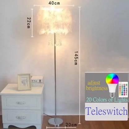 Modern crystal led feather floor lamp with metallic stand and layered white fabric shade with crystal led decorbites accents