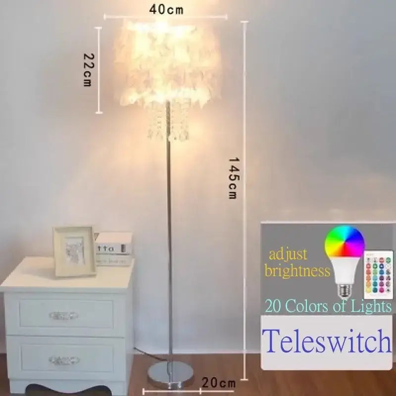 Modern crystal led feather floor lamp with metallic stand and layered white fabric shade with crystal led decorbites accents