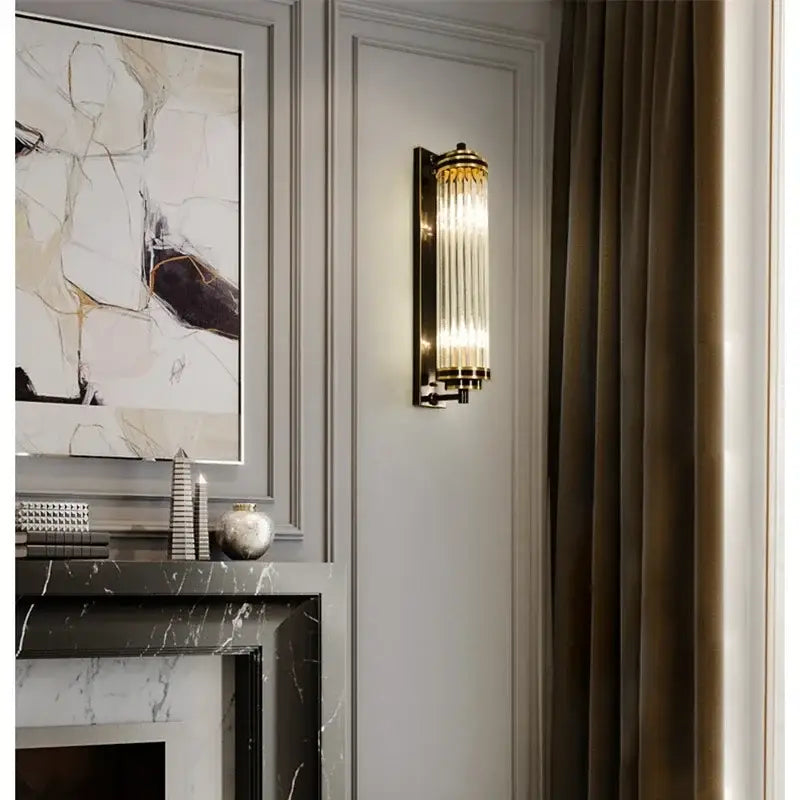 Modern crystal led gold wall sconce with vertical glass rods and sleek design perfect for bedroom decorbites crystal led lighting