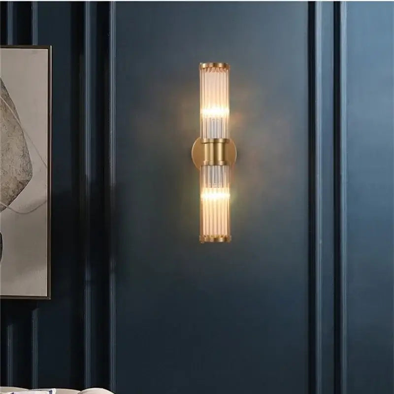 Modern crystal led gold wall sconce with two vertical clear ribbed glass tubes for bedroom decorbites crystal led lighting