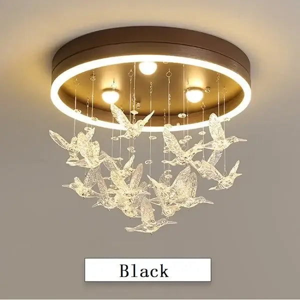 Black circular crystal led chandelier with suspended crystal bird ornaments for modern bedroom ceiling lighting