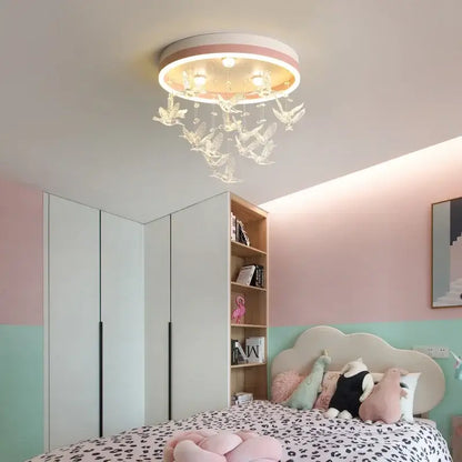 Modern crystal led chandelier round ceiling light with pink and white rim and clear crystal bird ornaments for bedroom